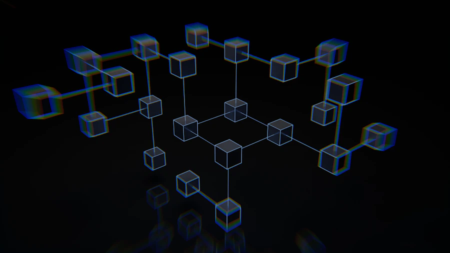 Composição abstrata em tons de azul e roxo representando segurança digital